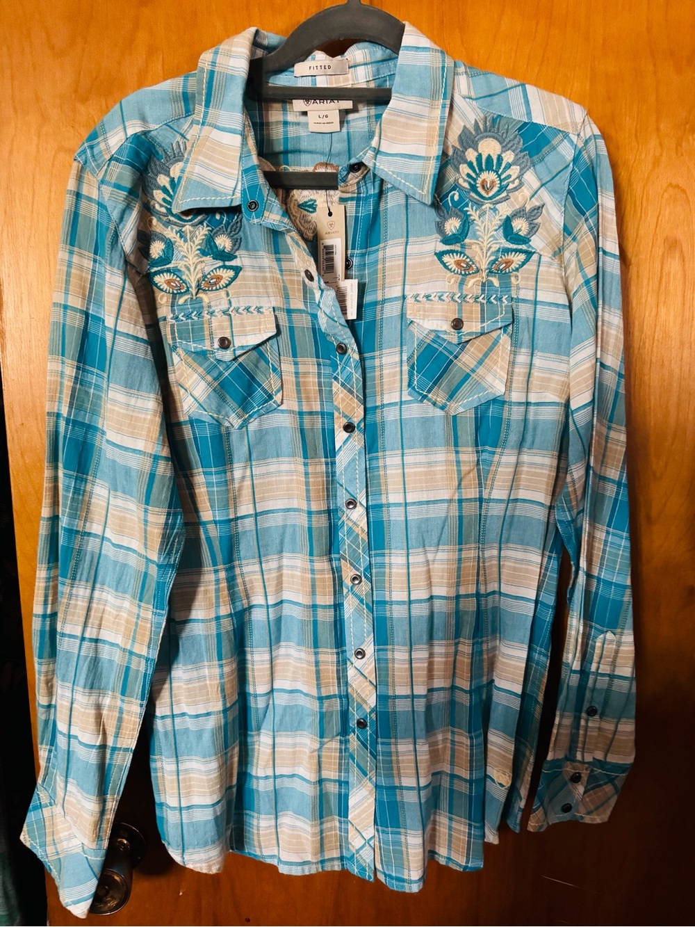 Ariat Teal and Cream Plaid Embroidered Button-Down Shirt